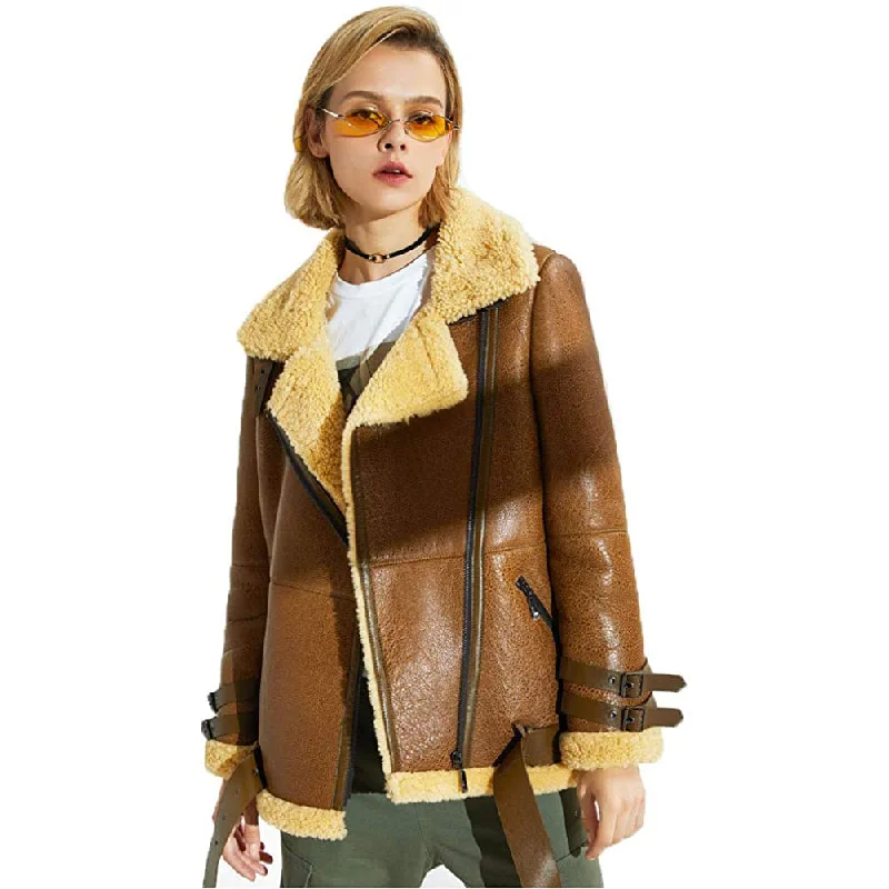 Womens Shearling Sheepskin Bomber Jacket Women's fleece jackets