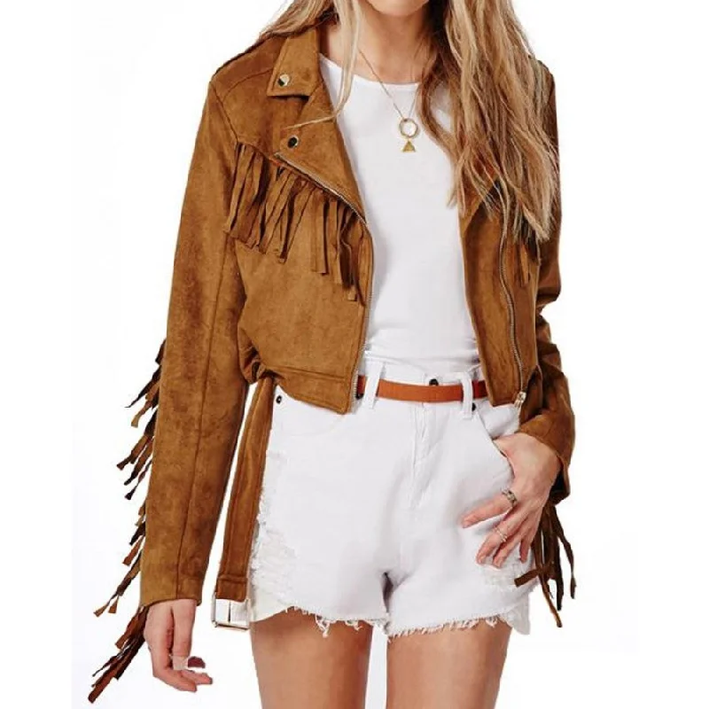 Women's Suede Asymmetrical Zipper Fringe Brown Leather Jacket Women's cheap jackets