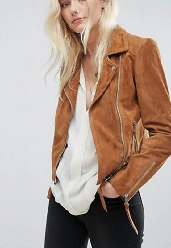 Women’s Tan Brown Genuine Suede Leather Biker Jacket Women's winter jackets