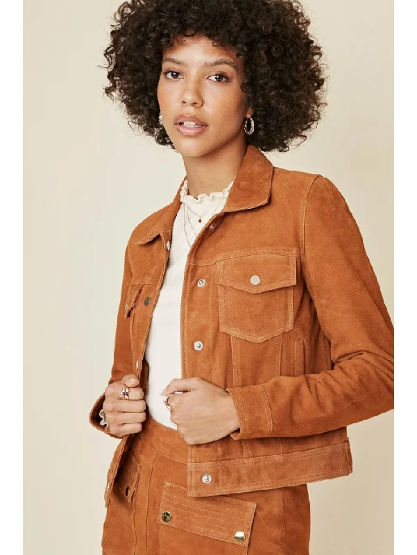 Women’s Tan Brown Suede Leather Trucker Jacket Best women's jackets for rain