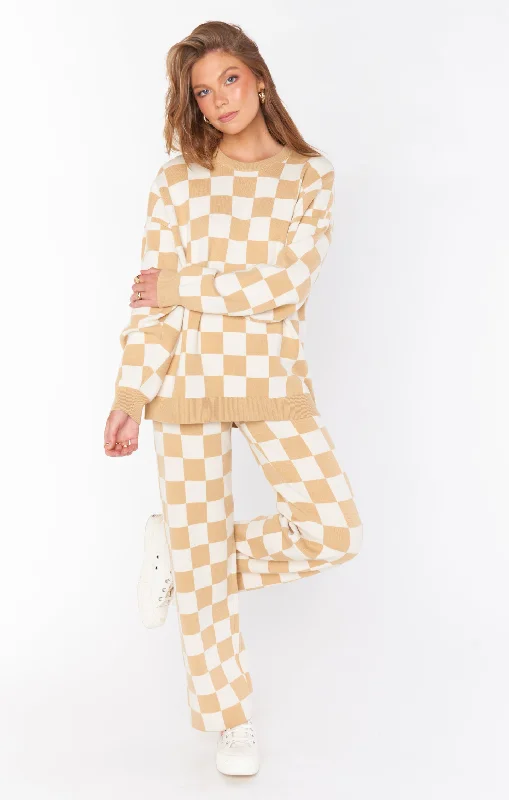 Zermatt Sweater Pant ~ Tan Checker Knit Soft Satin Robe