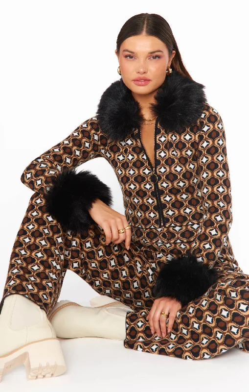 Zermatt Zip Up ~ Neutral Geo Jacquard Faux Fur Classic Satin Gown