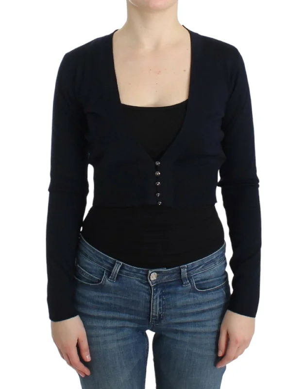 Elegant Black Cropped Virgin Wool Cardigan Vintage sweaters