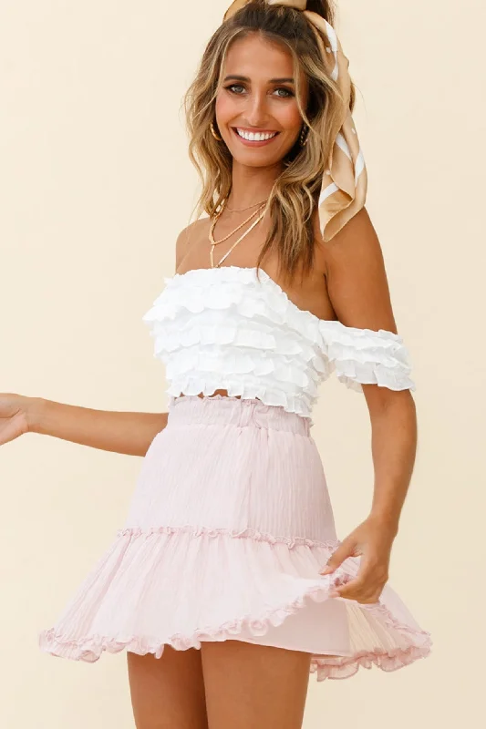 Alexi Mini Skirt Frill Trim Crepe Texture Baby Pink Mini Skirt with Lace