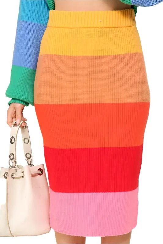 High-Waisted Midi Sweater Multicolor Skirt Fringed Mini Skirt