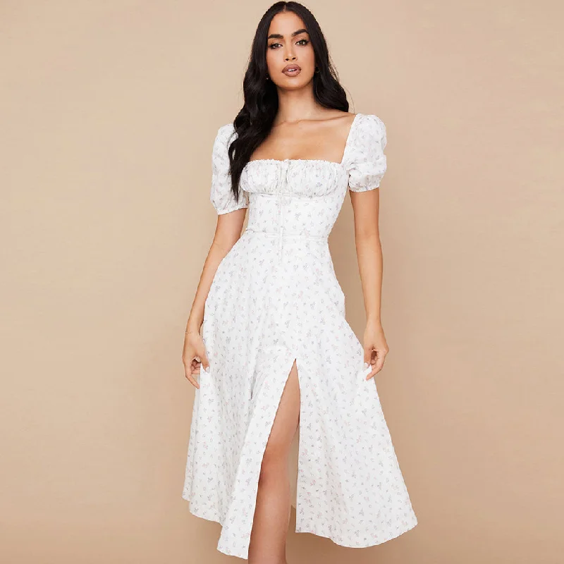 Daisy Printed Puff Sleeve High Slit Smock Maxi Sundress - White Retro Mini Skirt