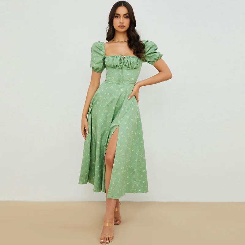 Daisy Printed Puff Sleeve High Slit Smock Maxi Sundress - Sage Green Front Pocket Mini Skirt