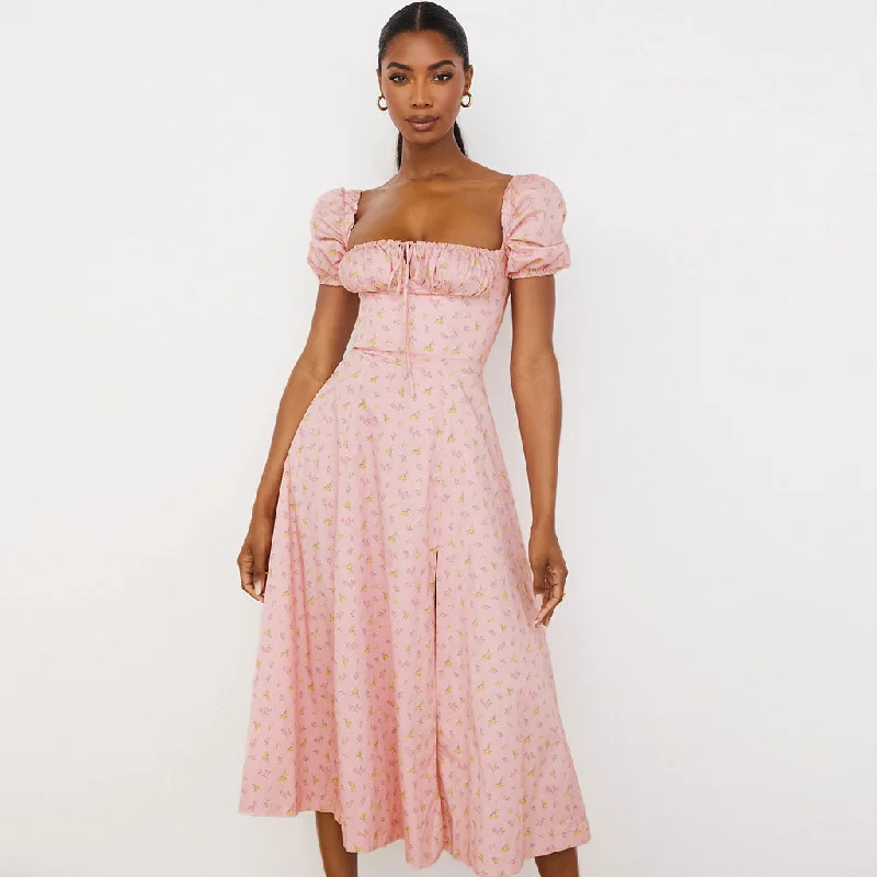 Daisy Printed Puff Sleeve High Slit Smock Maxi Sundress - Pink Polka Dot Skirt