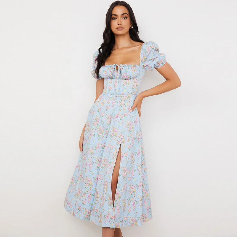 Daisy Printed Puff Sleeve High Slit Smock Maxi Sundress - Light Blue Mini Skirt Casual