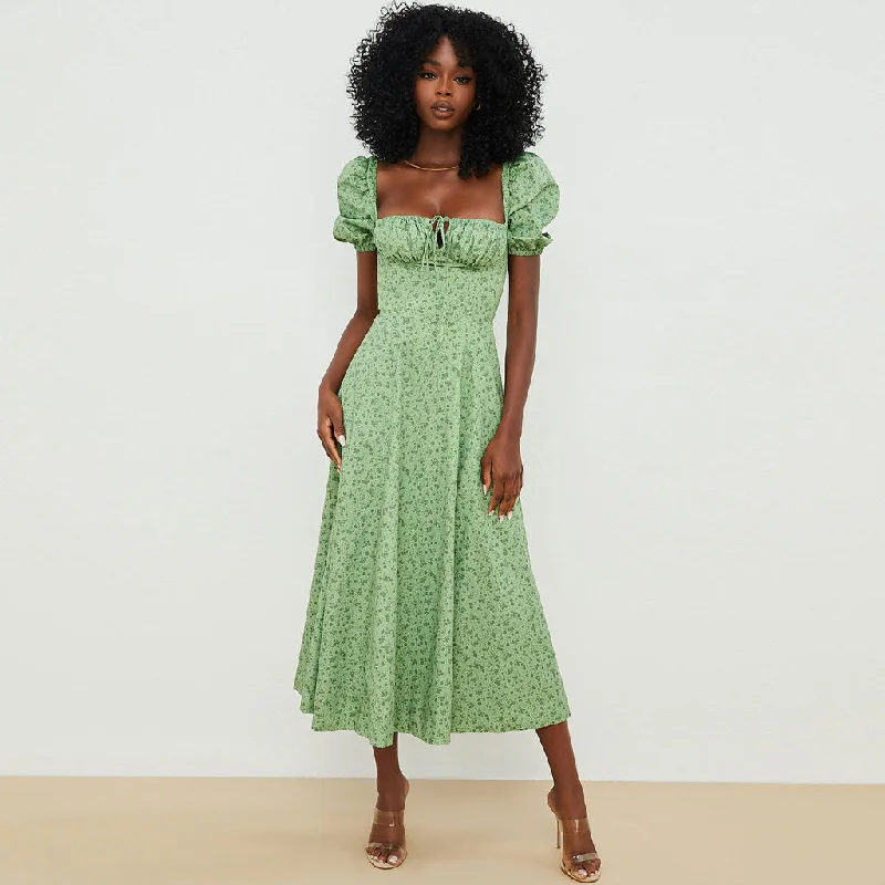 Daisy Printed Puff Sleeve High Slit Smock Maxi Sundress - Green Black Mini Skirt