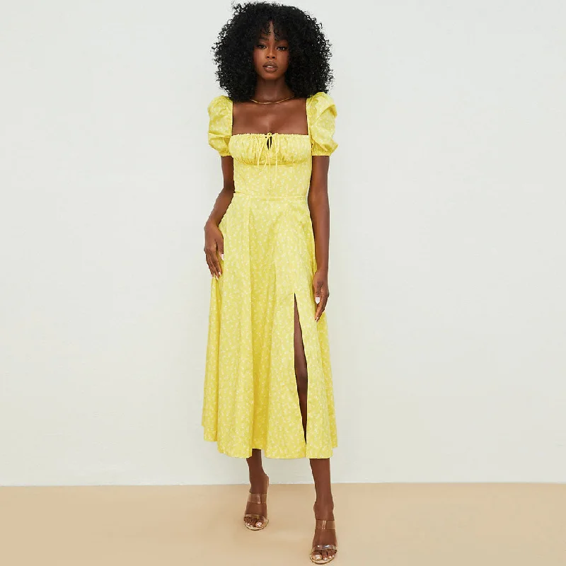 Daisy Printed Puff Sleeve High Slit Smock Maxi Sundress - Dark Yellow Stylish Pleated Skirt