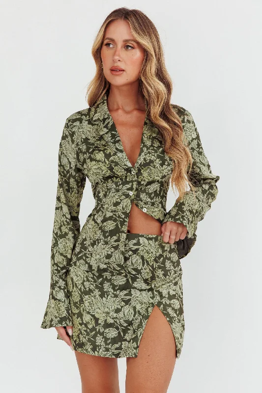 Palmas Split Mini Skirt Floral Olive Mini Skirt Style