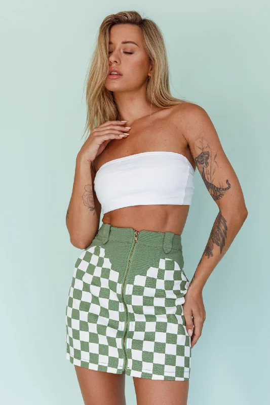 Rewind Zipper Front Mini Skirt Checkered Green High-Waisted Mini Skirt