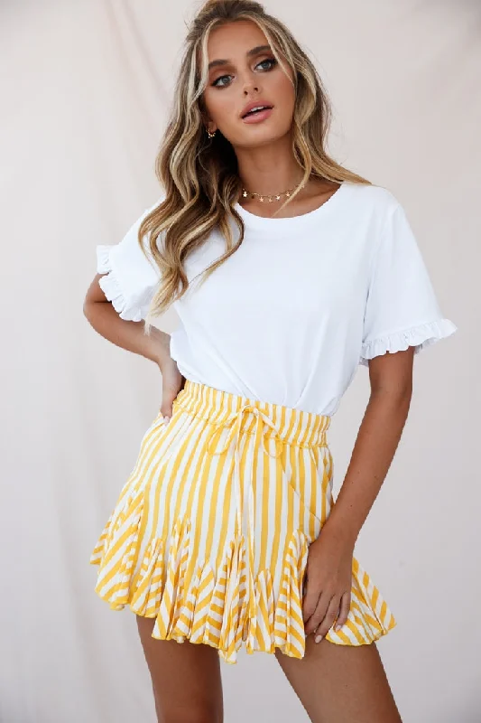 Robyn Pleated Striped Mini Skirt Yellow Stripe Mini Skirt with Belt