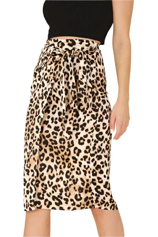 Satin Leopard Tie Skirt Comfortable Mini Skirt