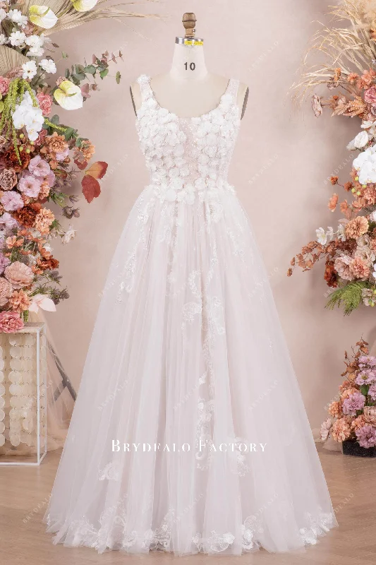 3D Flower Pearl Lace A-line Floor Length Wedding Dress Elegant Bridal Gown