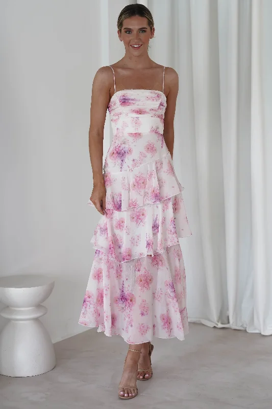 Becca Ruffle Floral Maxi Dress | White/Pink Boohoo maxi dresses