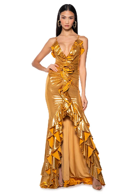 BELLE OF THE BALL METALLIC MAXI DRESS Best maxi dresses for hourglass body shape