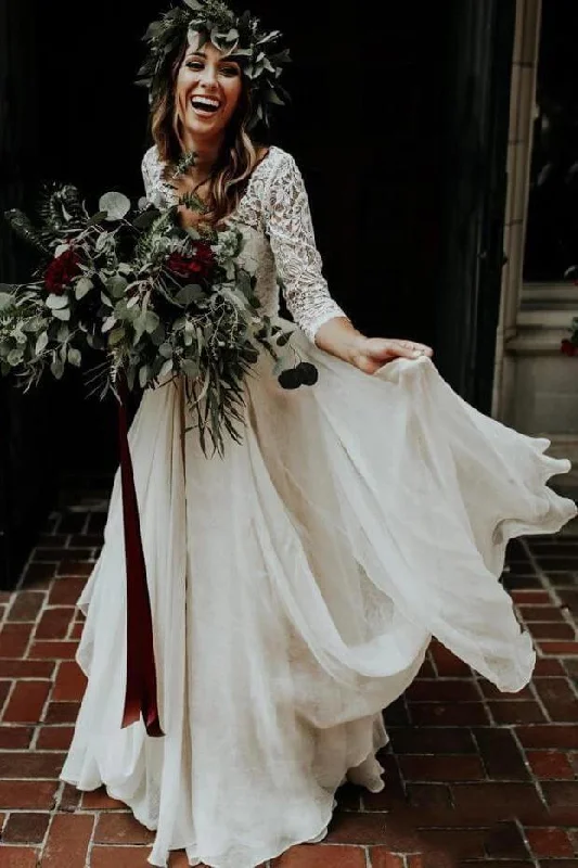 Boho Ivory Chiffon 3/4 Sleeves Two Piece Cheap Wedding Dress DMN88 Off-shoulder Wedding Gown