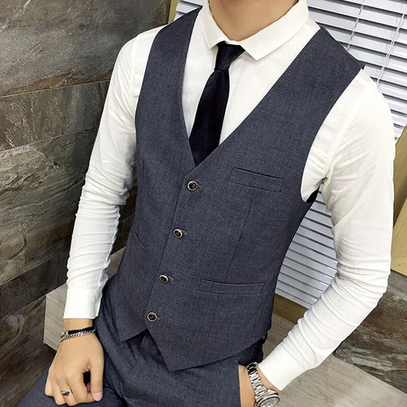 CINESSD    Boutique Cotton Solid Color Men's Casual Business Suit Vest Groom Wedding Dress Male Slim Jacket Vest Black Gray Waistcoat Formal Wedding Dress