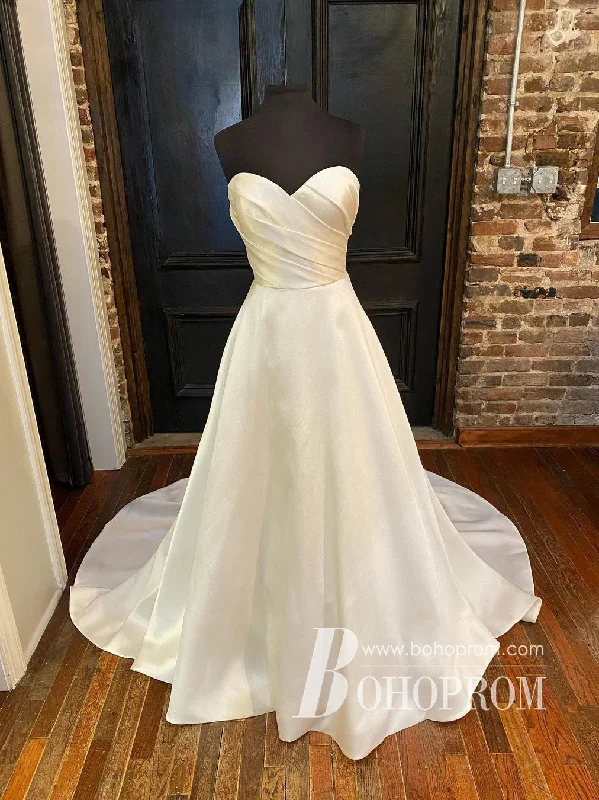 Classic Satin Chapel Train Long Wedding Dresses Sweetheart A-line Bridal Gowns WD665 Short Wedding Gown