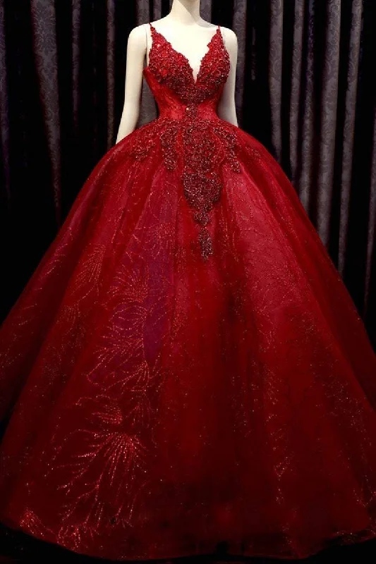 Deep red sparkle beaded thin strap V neck ball gown wedding dress with bow back, sweep train & glitter tulle Prom Dress        cg23574 Off-shoulder Bridal Gown