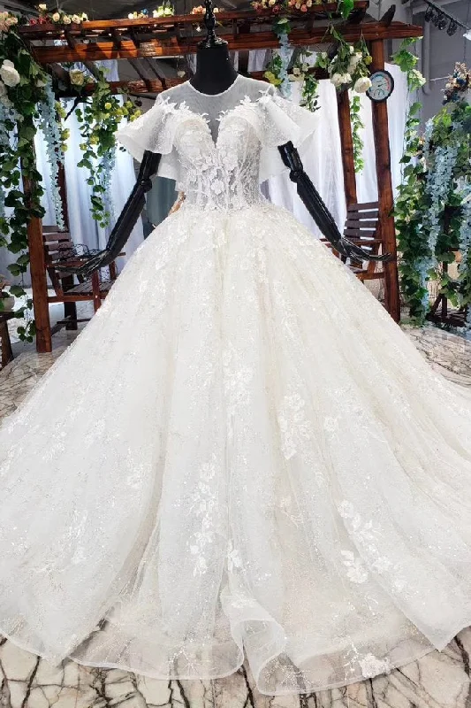 Elegant Ball Gown Big Wedding Dresses, Appliques Bridal Dress with Short Sleeves DMN73 Tiered Wedding Dress