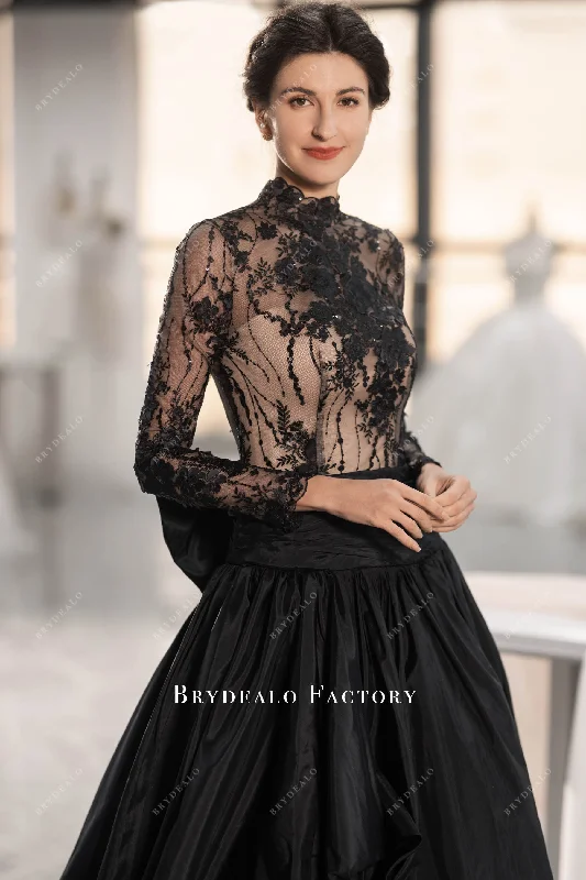 Gothic Black Lace Mock Neck Taffeta Ball Gown Wedding Dress Modern Lace Gown