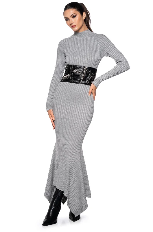 FORGET ME NOT LONG SLEEVE MOCK NECK MAXI DRESS IN HEATHER GREY Denim maxi dresses