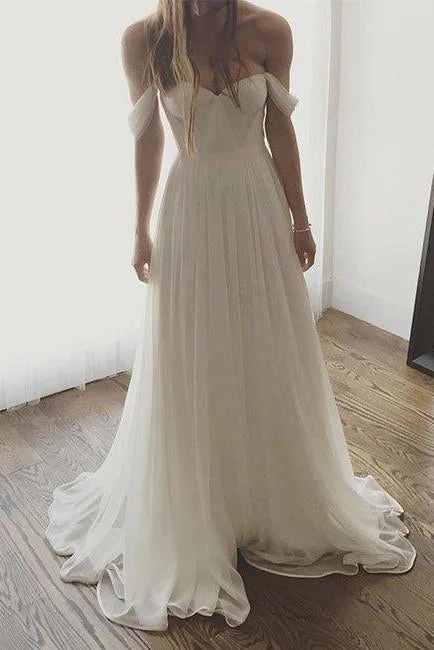 Ivory Chiffon Long Off The Shoulder Wedding Dresses, Simple Long Prom Dress DM169 Full Skirt Gown