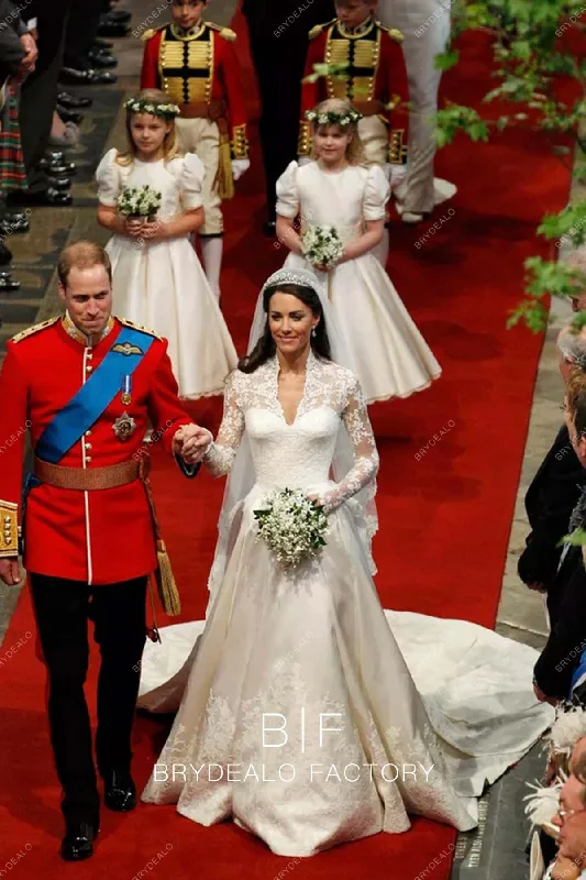 Kate Middleton Timeless V-neck Lace Long Train Royal Wedding Dress Beaded Lace Wedding