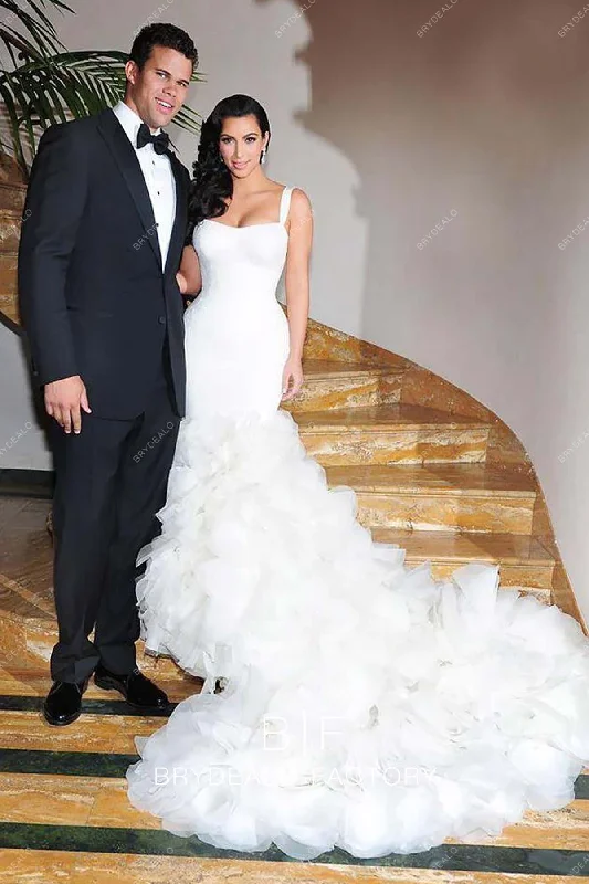 Kim Kardashian Custom Lace Tulle Ruffled Mermaid Wedding Dress Strapless Wedding Gown