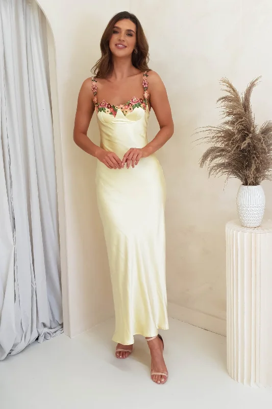 Klabelle Satin Maxi Dress | Yellow Cute floral print maxi dresses