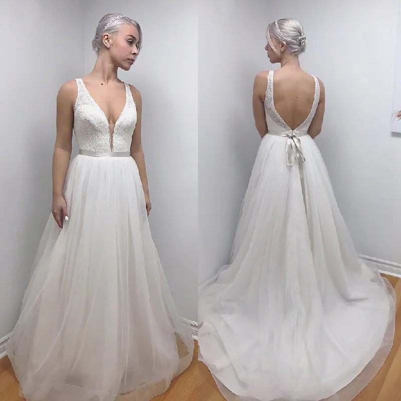 Lace Top Cheap Long Wedding Dress, A-Line Organza Backless Wedding Dress, D1056 Silk Bridal Dress