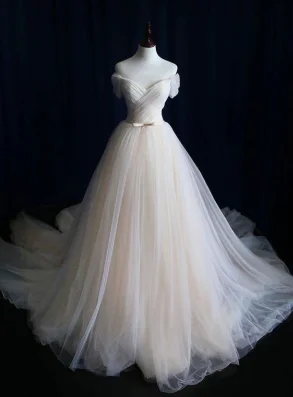 LIGHT CHAMPAGNE TULLE LONG PROM DRESS, WEDDING DRESS cg2027 Sexy Satin Gown