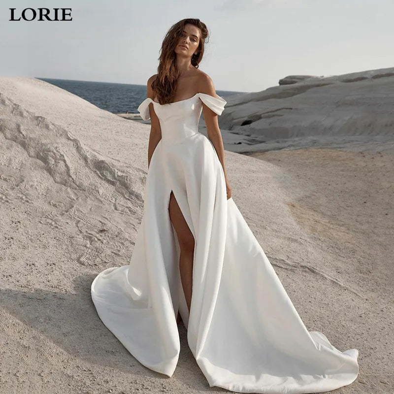 A Line Wedding Dresses Sleeveless Off The Shoulder Bridal Gowns Satin Bridal Gown