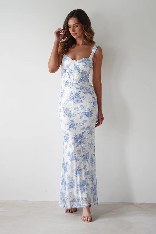 Lynelle Floral Sequin Maxi Dress | Blue/White Cotton maxi dresses