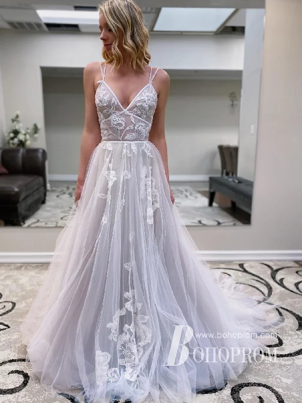 Marvelous Tulle V-neck A-line Wedding Dresses Appliques Long Bridal Gowns WD662 Lace Boho Dress