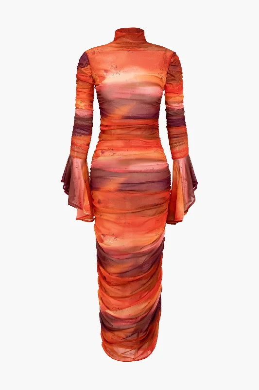 Tie Dye Mesh Ruched Bell Sleeve Maxi Dress Strapless maxi dresses