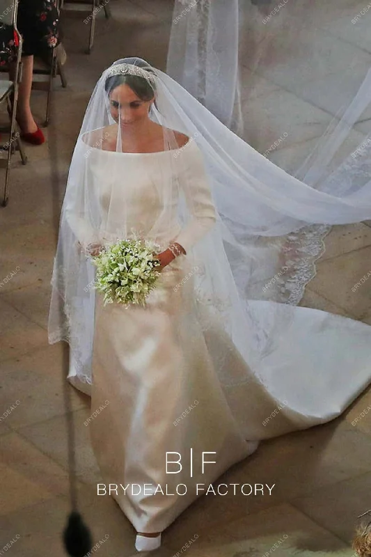 Meghan Markle Simple White 3/4 Sleeves Elegant Royal Wedding Gown Off-shoulder Bridal Dress