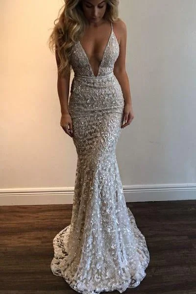 Mermaid stunning Spaghetti Straps Prom Dress,Beading Lace V-neck Prom Dress Sexy Wedding Dress DM171 Lace Wedding Dress