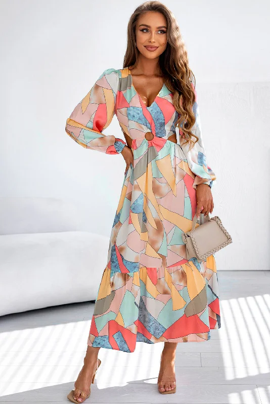 Mondrian Multicolor Abstract Print O-ring Cut-Out Long Sleeve Maxi Dress Elegant maxi dresses