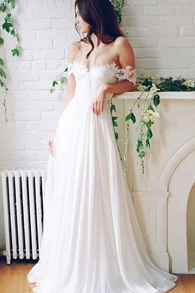 Off-the-shoulder A-line Lace Beach Wedding Dresses,Simple White Chiffon Prom Dresses stunning DM282 Sleek Wedding Dress