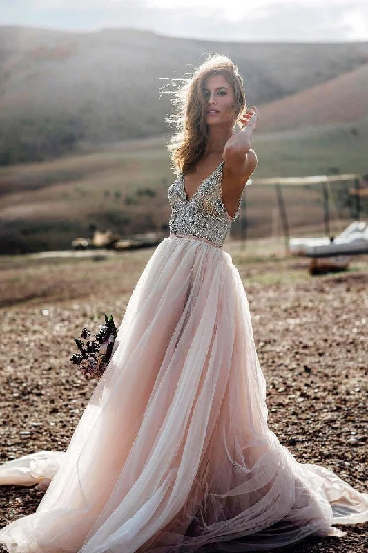 Pink Beading A Line V- Neck Sexy Tulle Long Beach Wedding/Prom Dress DM254 Sexy Lace Gown