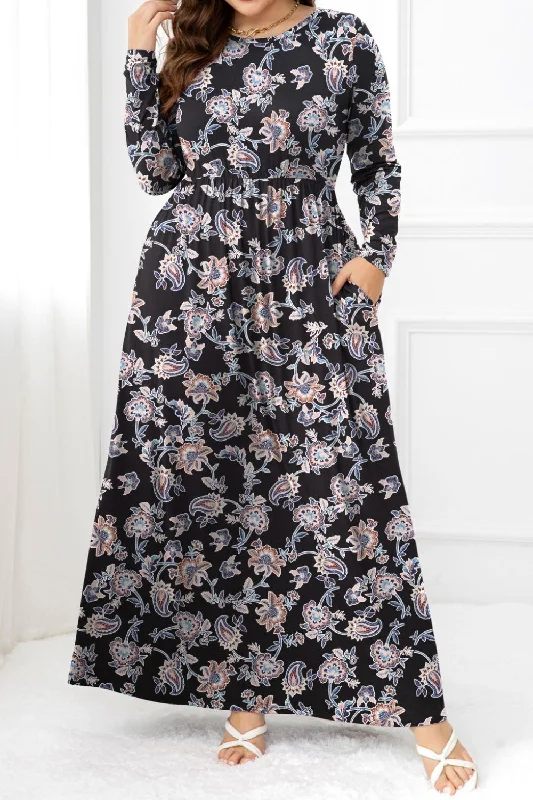 Round Neck Long Sleeve Maxi Dress with Pockets Holiday maxi dresses