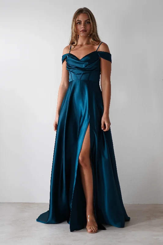 Polina Draped Satin Maxi Dress | Teal Sexy little black maxi dresses