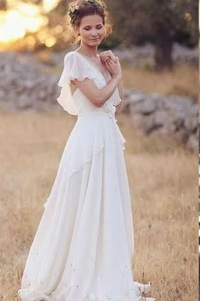 Princess A Line Chiffon Lace Backless Ivory Beach/Coast Wedding Dresses,Summer Wedding Gown DM266 Glitter Wedding Dress