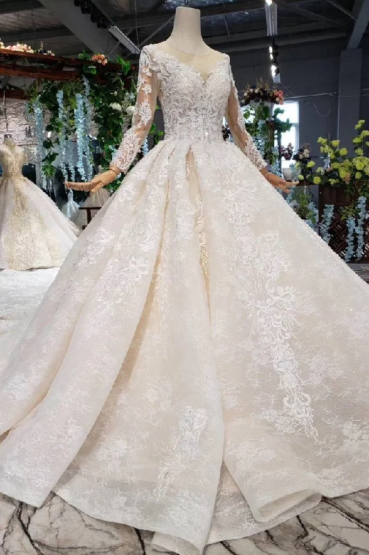 Princess Long Sleeves Ball Gown Lace Wedding Dresses, Long Bridal Dress DMN43 Beautiful Lace Gown