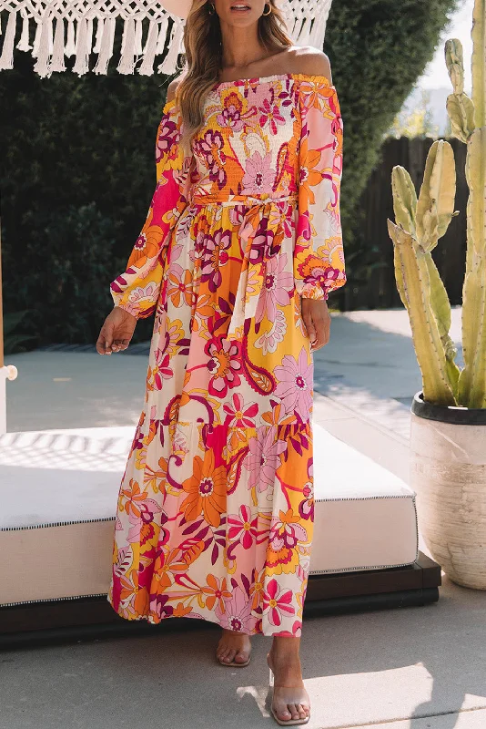 Printed Off-Shoulder Balloon Sleeve Maxi Dress Minimalist maxi dresses