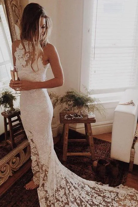 Romantic Boho Beach Wedding Dresses,Lace Mermaid Princess Backless Wedding Gowns DM167 Ruffle Wedding Gown